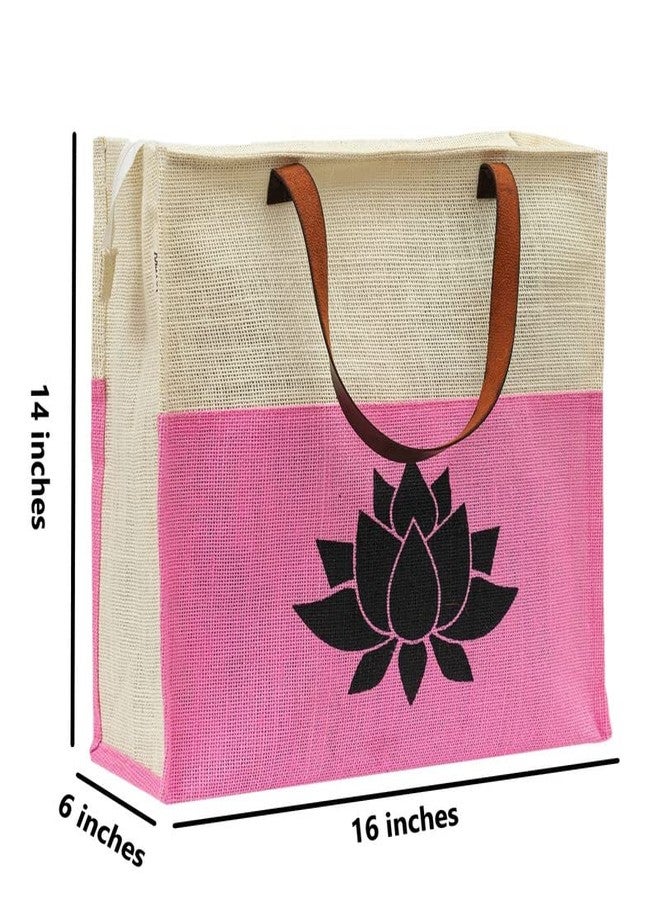 JUTEKA Lotus Print Hand Bag for Grocery, Office, Lunch, Picnic, Tiffin Jute bag with Leather Handles - Image 5
